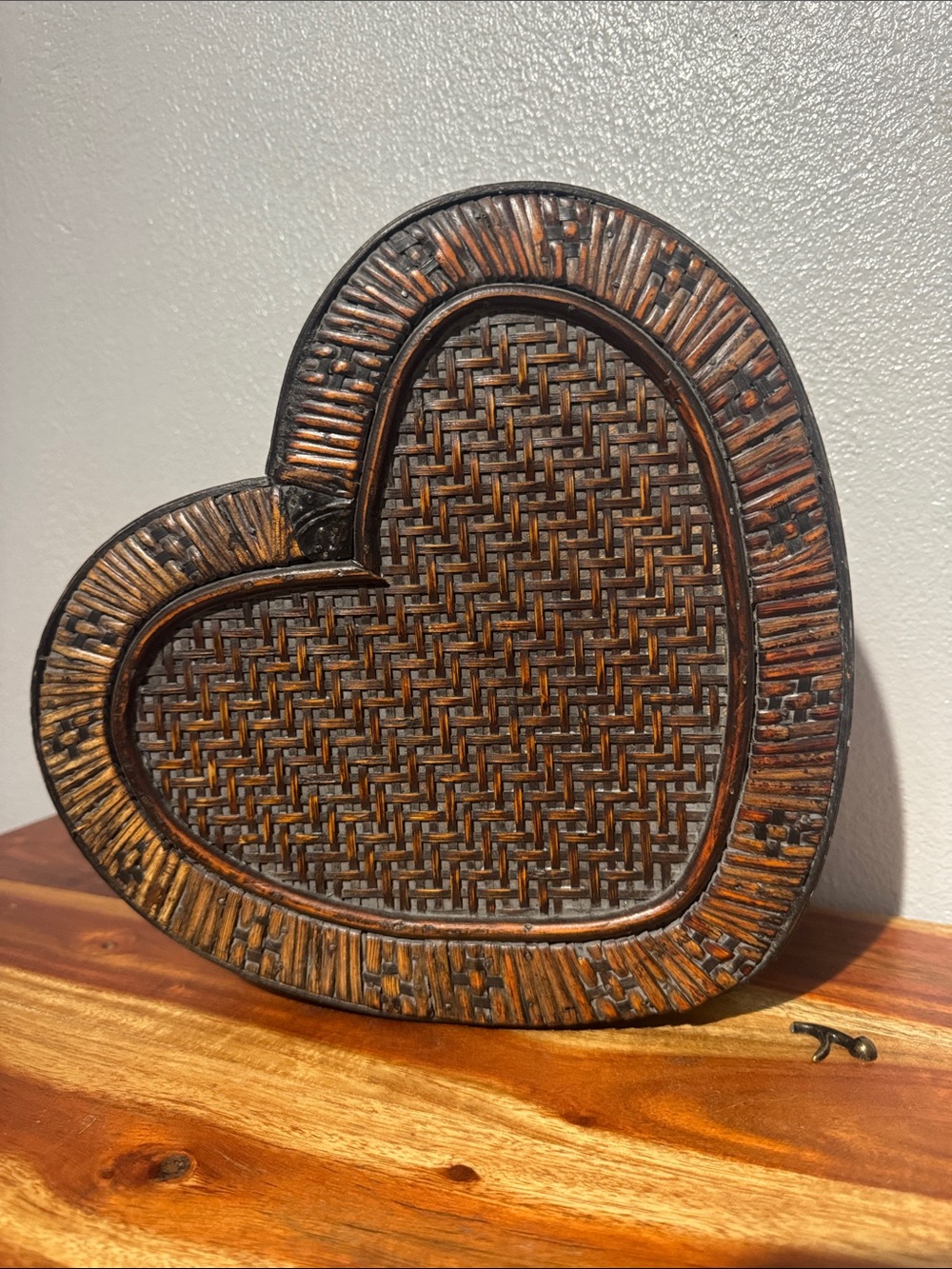 Vintage Heart Shaped Woven Wicker Bamboo Wood Trinket Jewelry Box Boho MCM Large